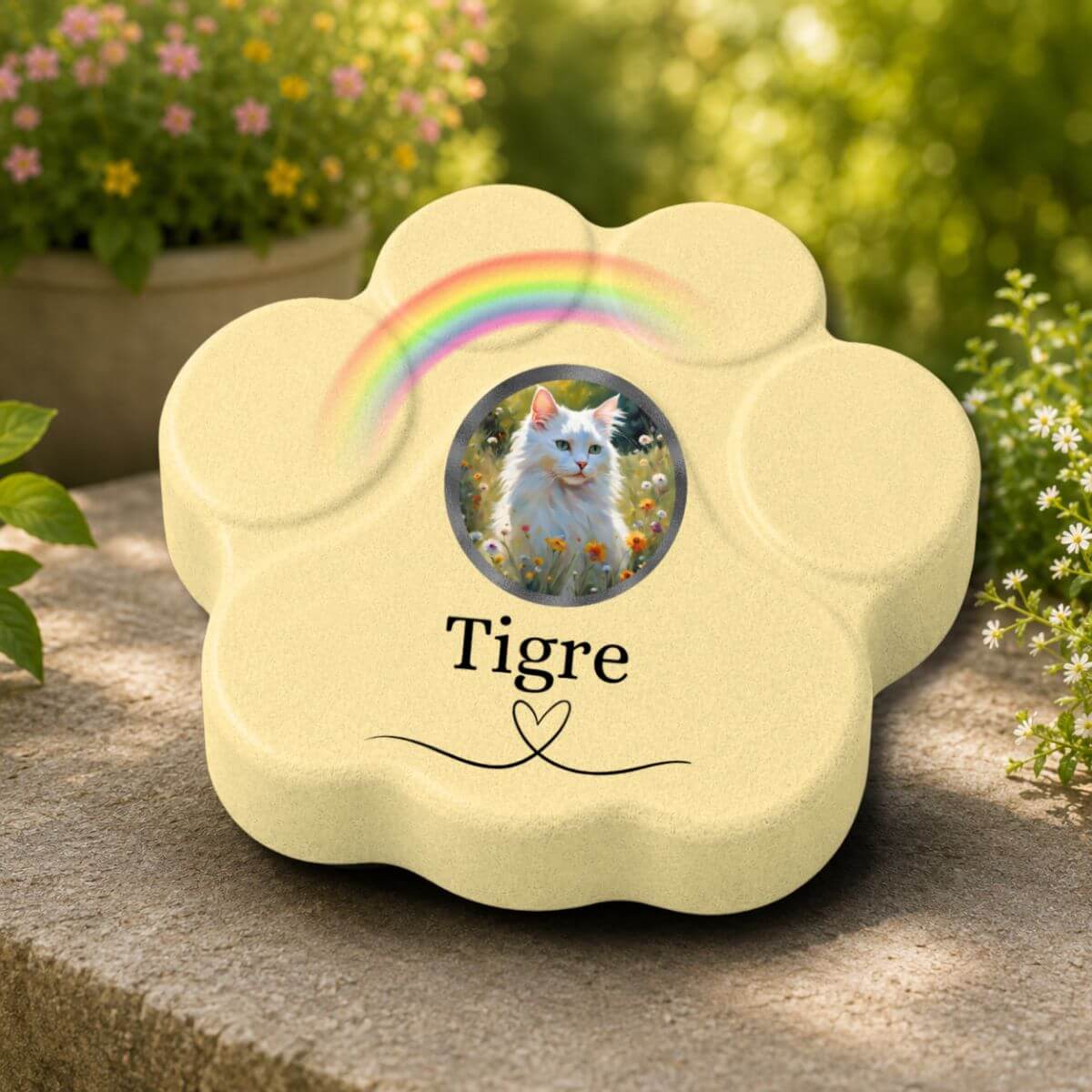 Placa conmemorativa personalizada para gato con foto y nombre Tigre en huella de hormigón amarilla para jardín con arcoíris decorativo y acabado tipo piedra para recuerdo de gato fallecido