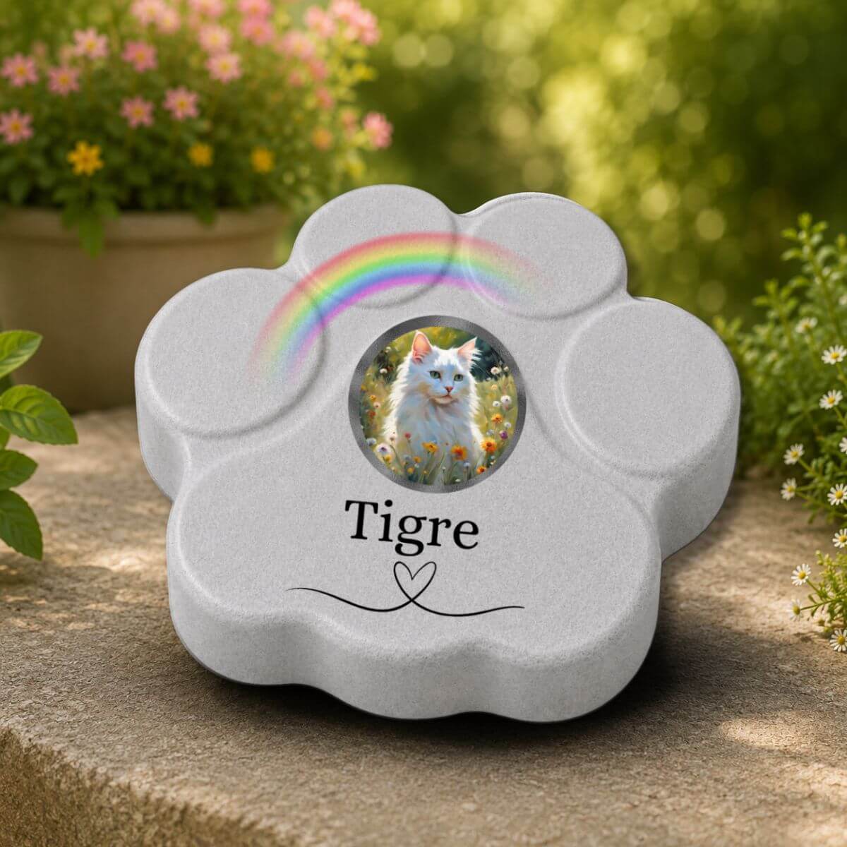 Placa conmemorativa personalizada para gato con foto y nombre Tigre en huella de hormigón gris para jardín con arcoíris decorativo y acabado tipo piedra para recuerdo de gato fallecido