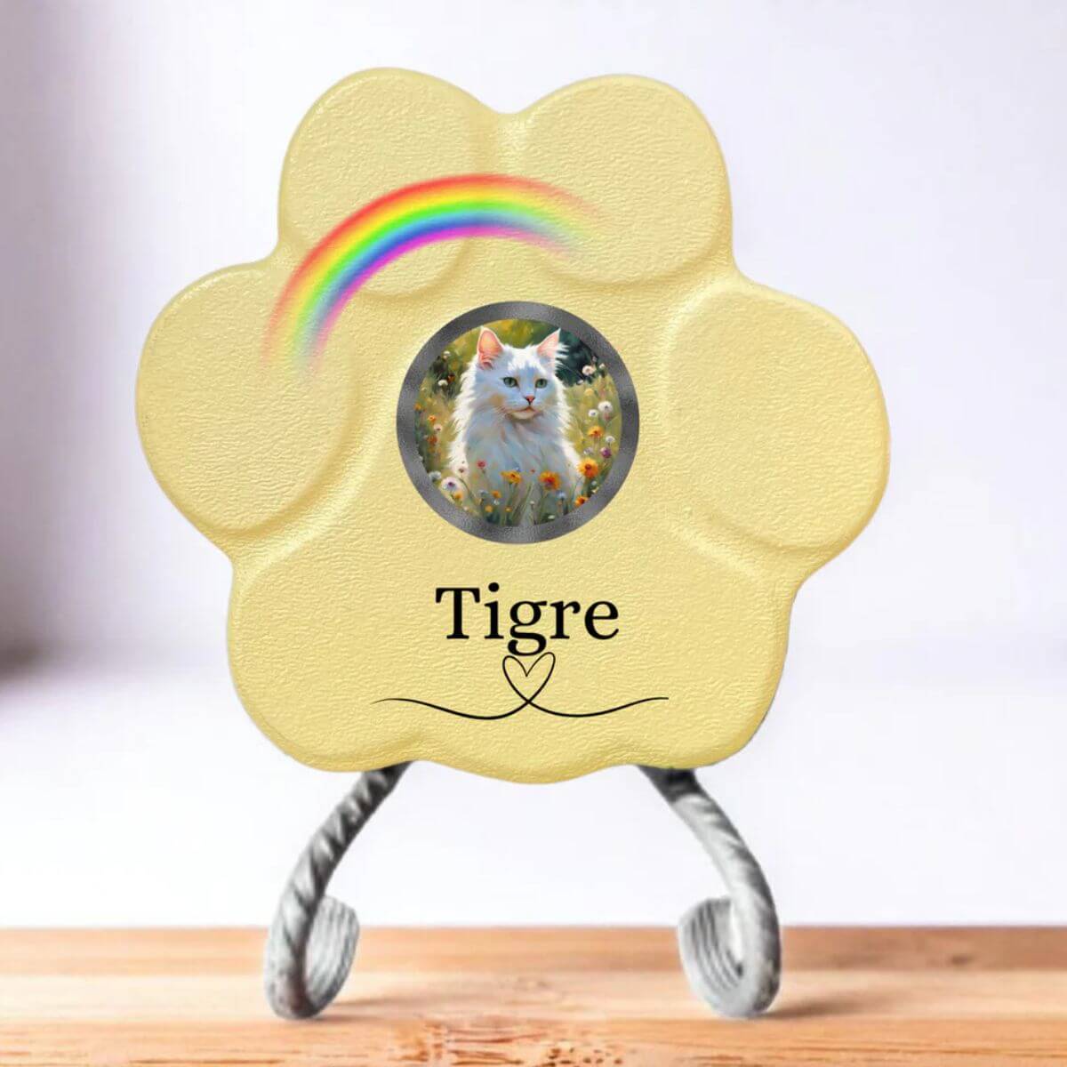 Lápida de piedra personalizada para gatos, tamaño pequeño, color amarillo, con soporte, con foto del gato, nombre y arcoíris. Recuerdo emotivo hecho a mano.