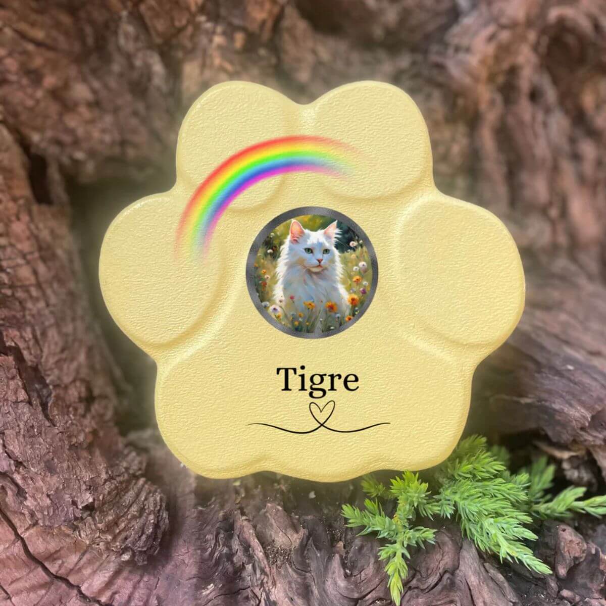 Lápida de piedra personalizada para gatos, tamaño pequeño, color amarillo, sin soporte, con foto del gato, nombre y arcoíris. Recuerdo emotivo hecho a mano.