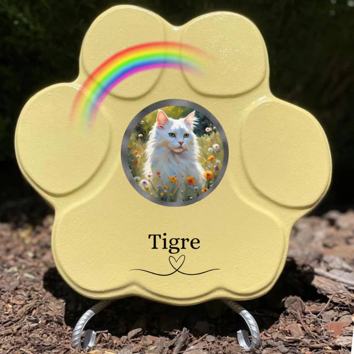 Lápida de piedra personalizada para gatos, tamaño grande, color amarillo, con soporte, con foto del gato, nombre y arcoíris. Recuerdo emotivo hecho a mano.