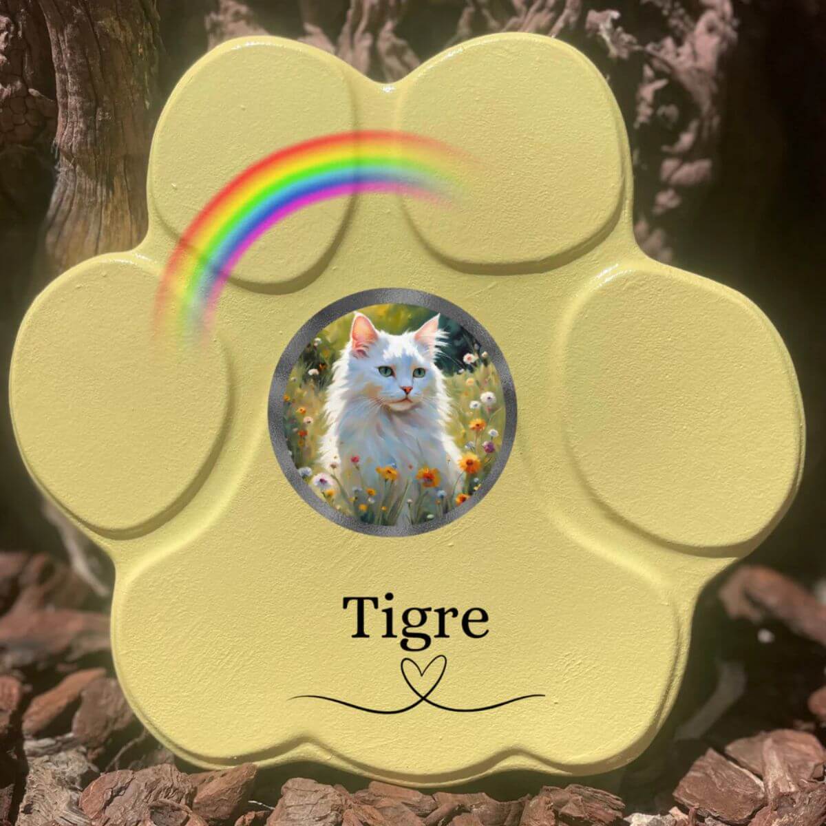 Lápida de piedra personalizada para gatos, tamaño grande, color amarillo, sin soporte, con foto del gato, nombre y arcoíris. Recuerdo emotivo hecho a mano.