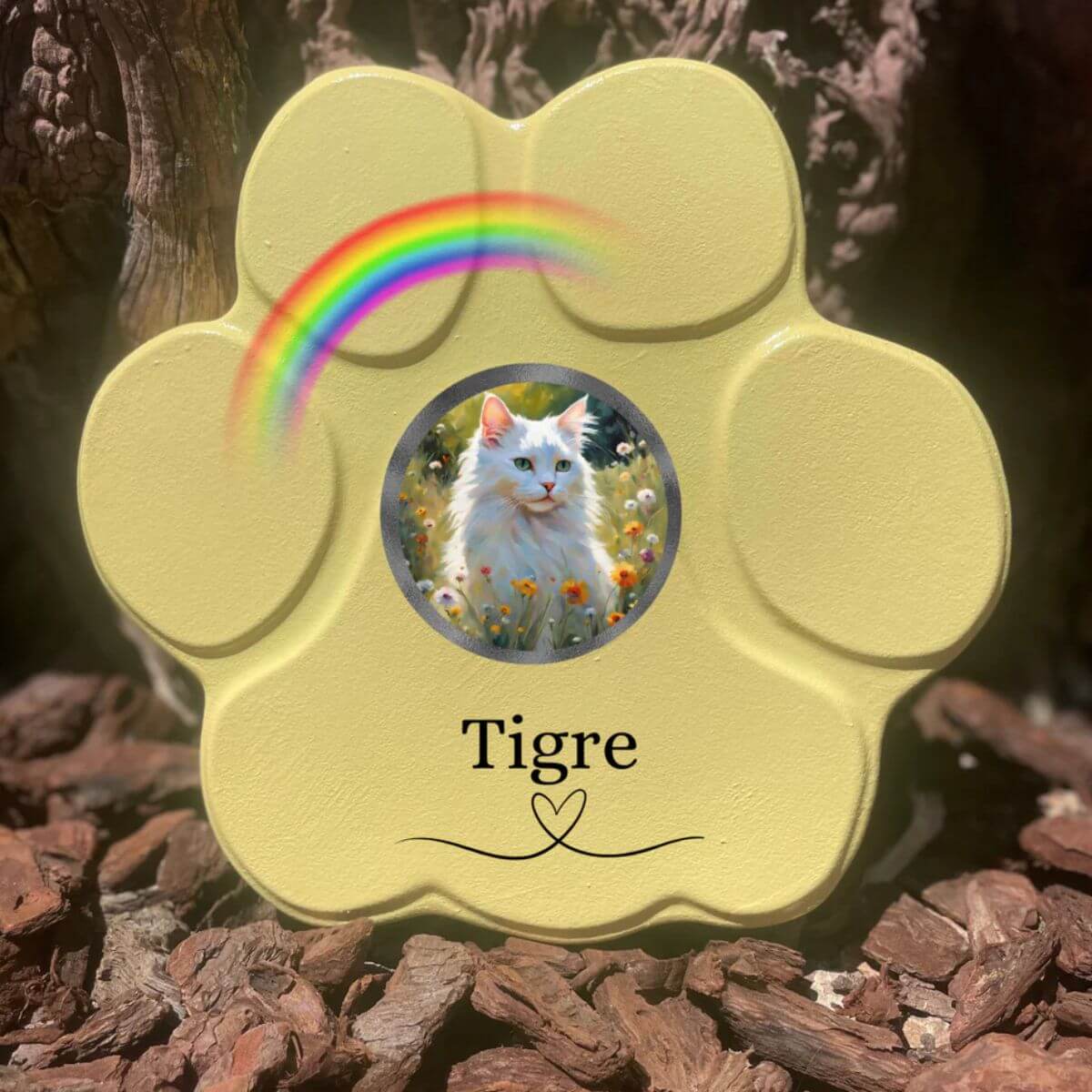 Lápida de piedra personalizada para gatos, tamaño mediano, color amarillo, sin soporte, con foto del gato, nombre y arcoíris. Recuerdo emotivo hecho a mano.