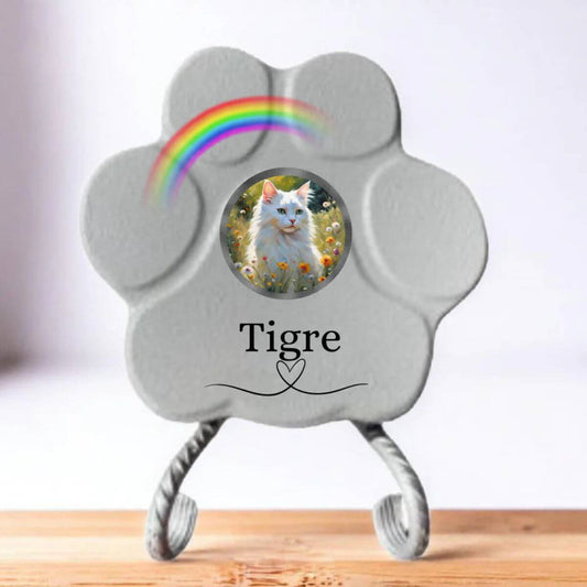 Lápida de piedra personalizada para gatos, tamaño pequeño, color gris, con soporte, con foto del gato, nombre y arcoíris. Recuerdo emotivo hecho a mano.