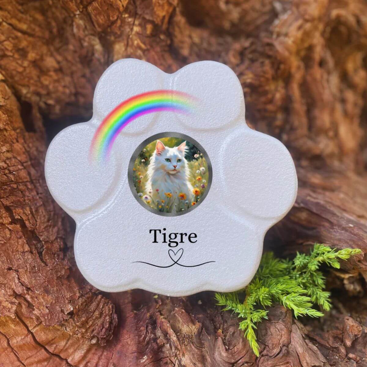 Lápida de piedra personalizada para gatos, tamaño pequeño, color gris, sin soporte, con foto del gato, nombre y arcoíris. Recuerdo emotivo hecho a mano.