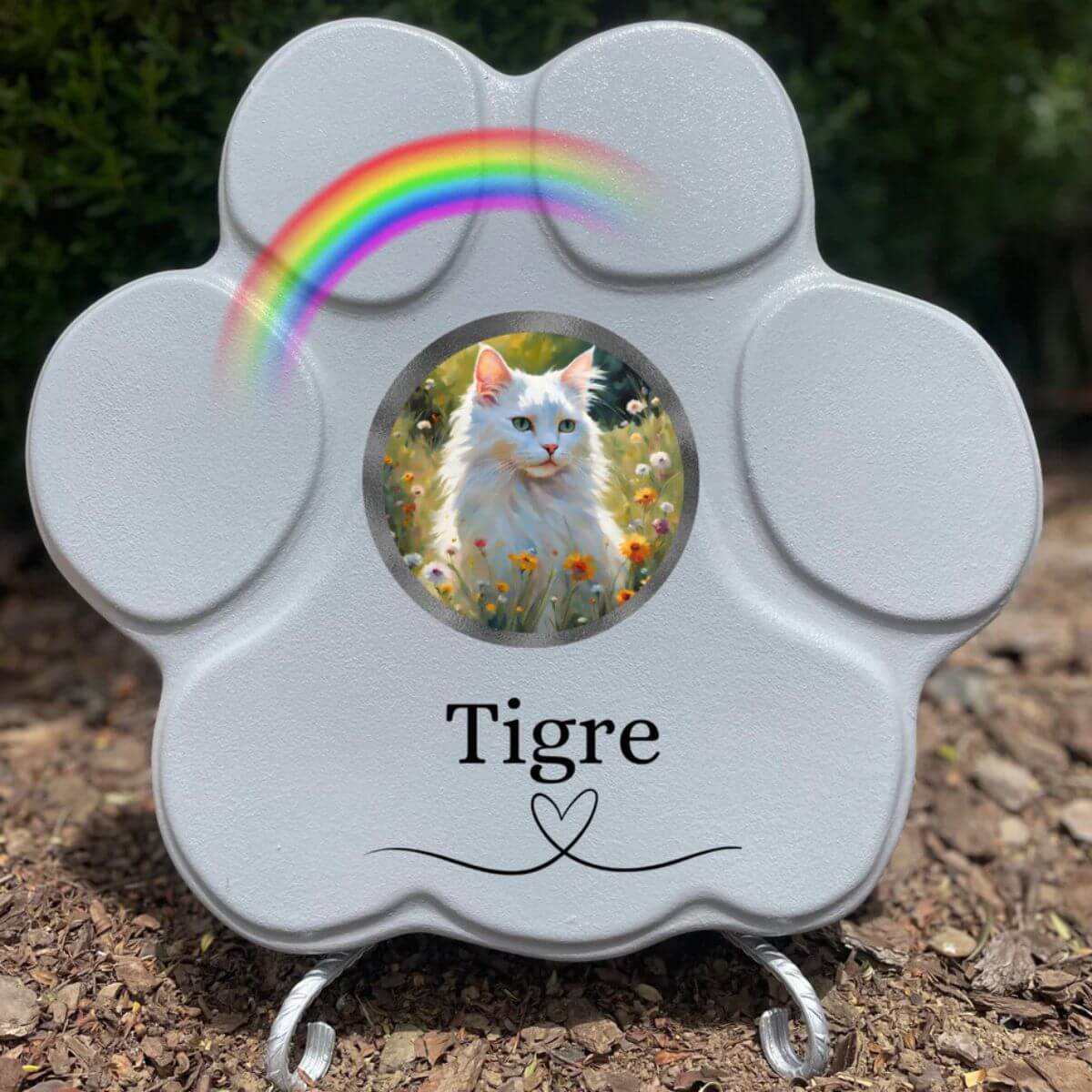 Lápida de piedra personalizada para gatos, tamaño grande, color gris, con soporte, con foto del gato, nombre y arcoíris. Recuerdo emotivo hecho a mano.