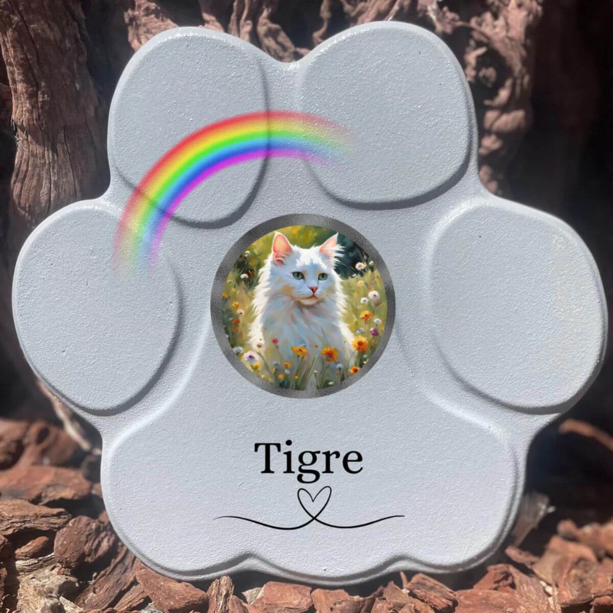 Lápida de piedra personalizada para gatos, tamaño grande, color gris, sin soporte, con foto del gato, nombre y arcoíris. Recuerdo emotivo hecho a mano.