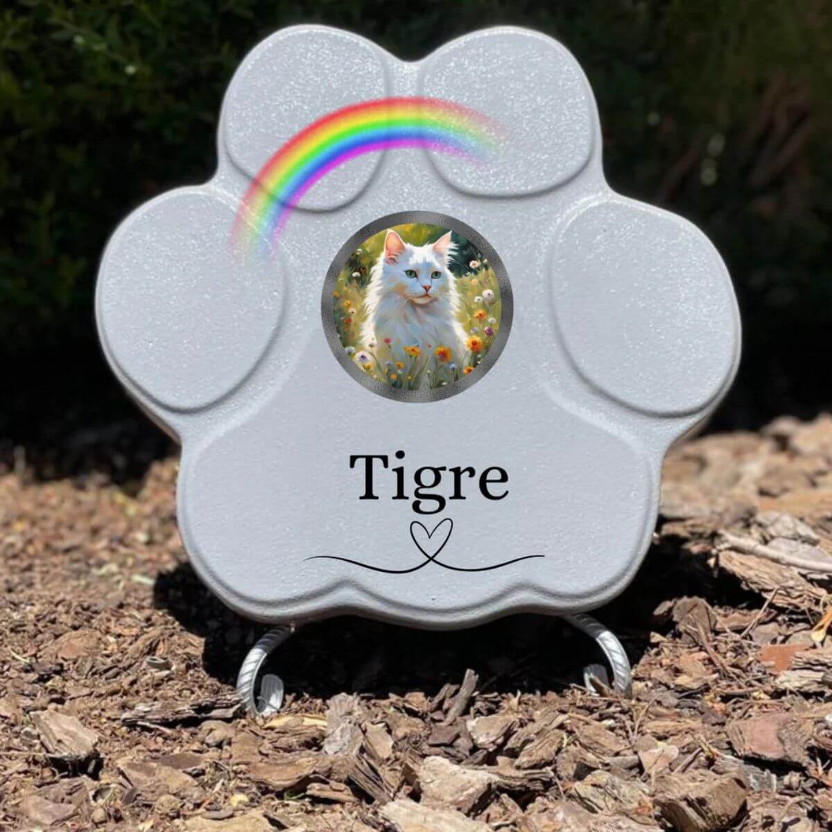 Lápida de piedra personalizada para gatos, tamaño mediano, color gris, con soporte, con foto del gato, nombre y arcoíris. Recuerdo emotivo hecho a mano.