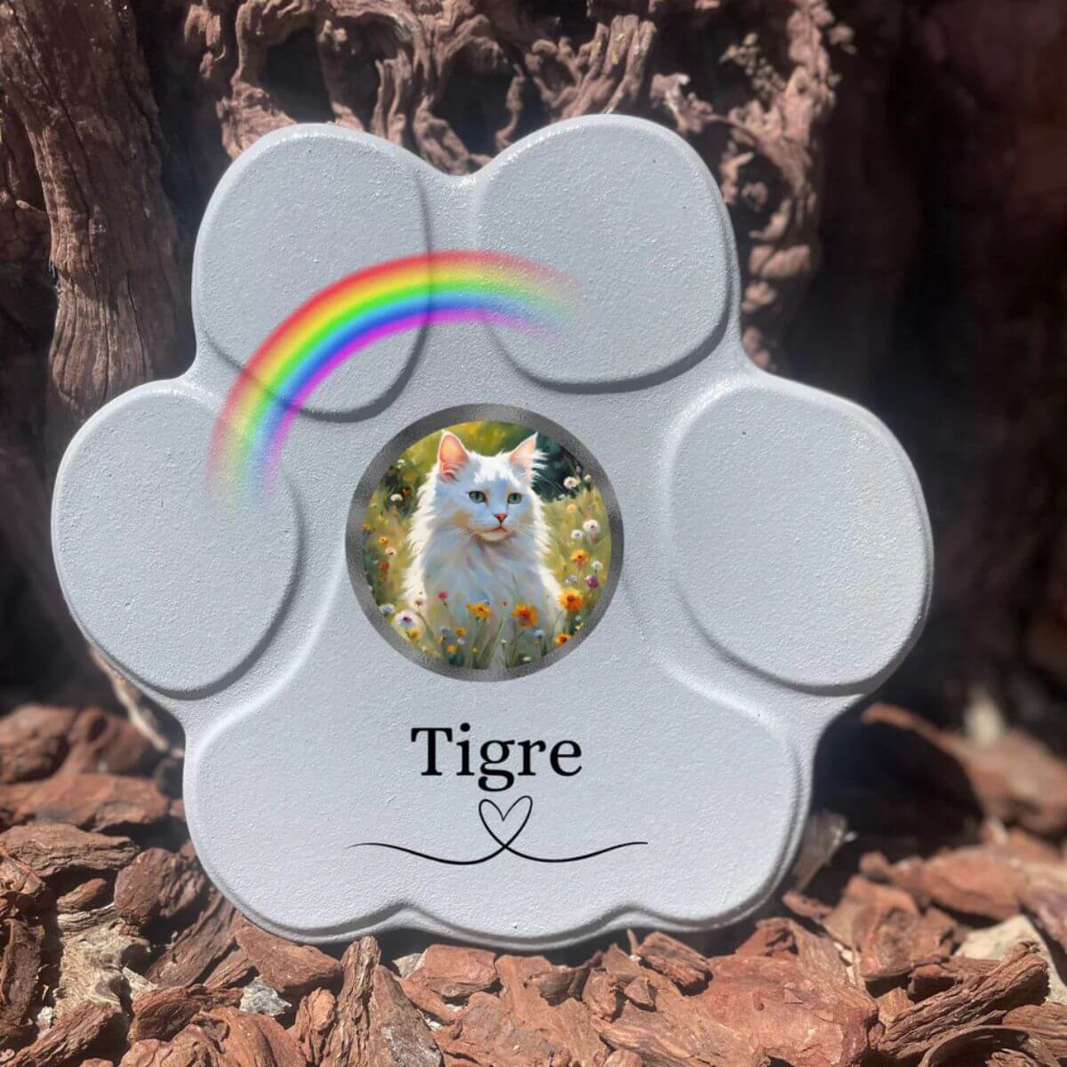 Lápida de piedra personalizada para gatos, tamaño mediano, color gris, sin soporte, con foto del gato, nombre y arcoíris. Recuerdo emotivo hecho a mano.