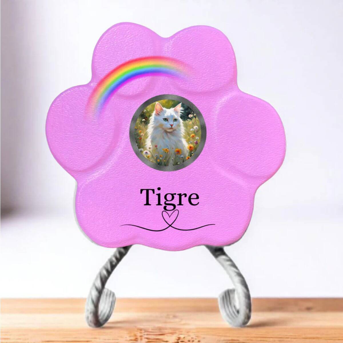 Lápida de piedra personalizada para gatos, tamaño pequeño, color rosa, con soporte, con foto del gato, nombre y arcoíris. Recuerdo emotivo hecho a mano.