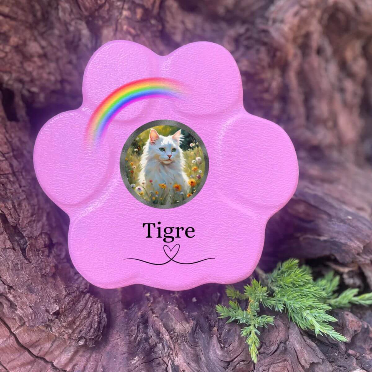 Lápida de piedra personalizada para gatos, tamaño pequeño, color rosa, sin soporte, con foto del gato, nombre y arcoíris. Recuerdo emotivo hecho a mano.
