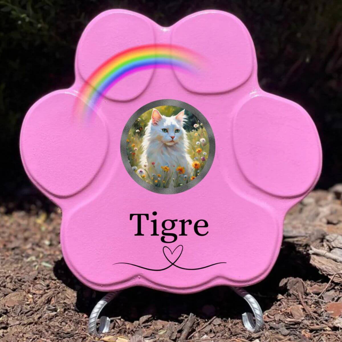 Lápida de piedra personalizada para gatos, tamaño grande, color rosa, con soporte, con foto del gato, nombre y arcoíris. Recuerdo emotivo hecho a mano.