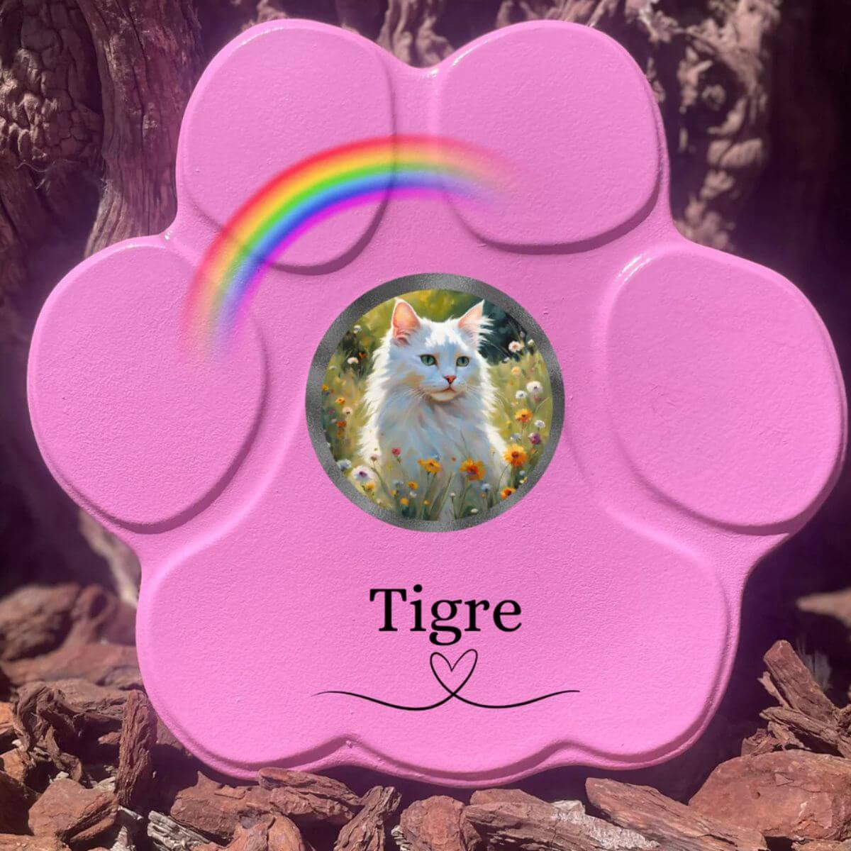 Lápida de piedra personalizada para gatos, tamaño grande, color rosa, sin soporte, con foto del gato, nombre y arcoíris. Recuerdo emotivo hecho a mano.