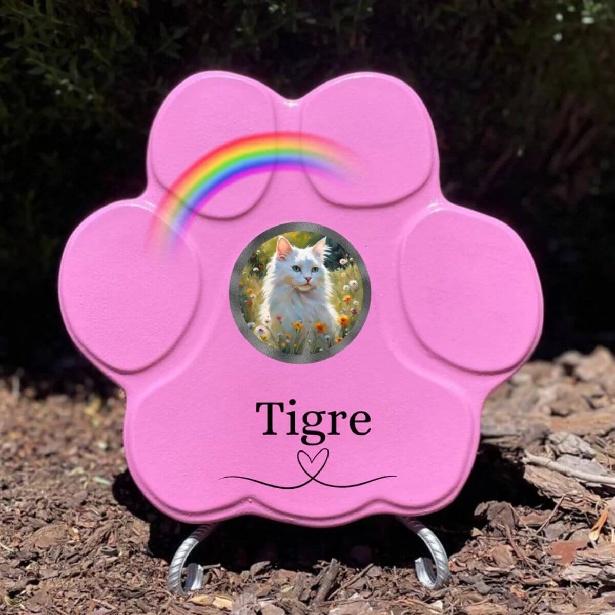 Lápida de piedra personalizada para gatos, tamaño mediano, color rosa, con soporte, con foto del gato, nombre y arcoíris. Recuerdo emotivo hecho a mano.
