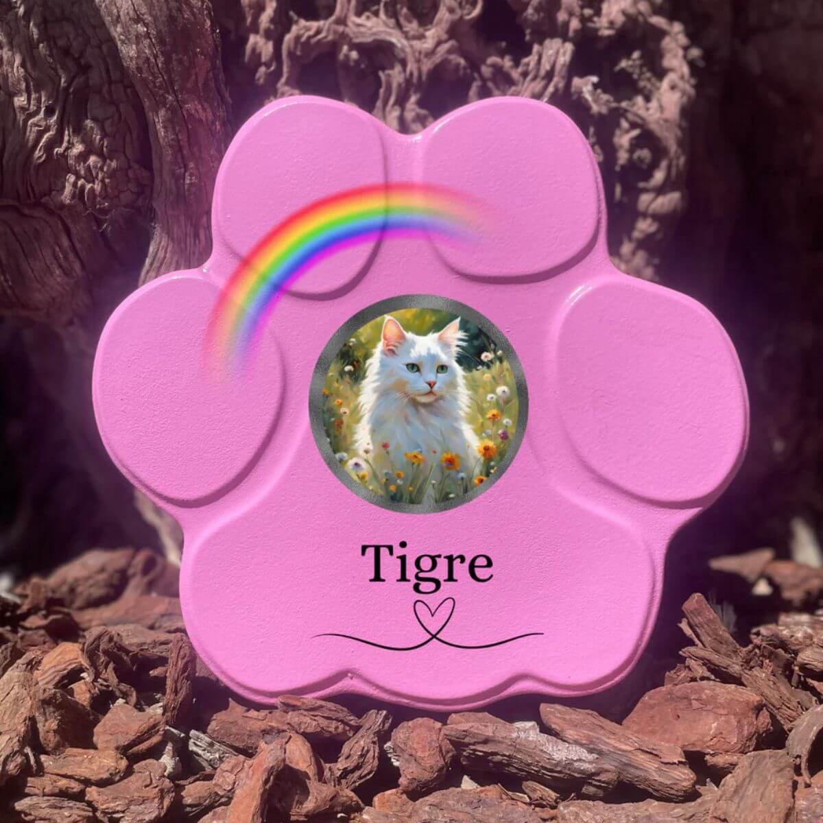 Lápida de piedra personalizada para gatos, tamaño mediano, color rosa, sin soporte, con foto del gato, nombre y arcoíris. Recuerdo emotivo hecho a mano.