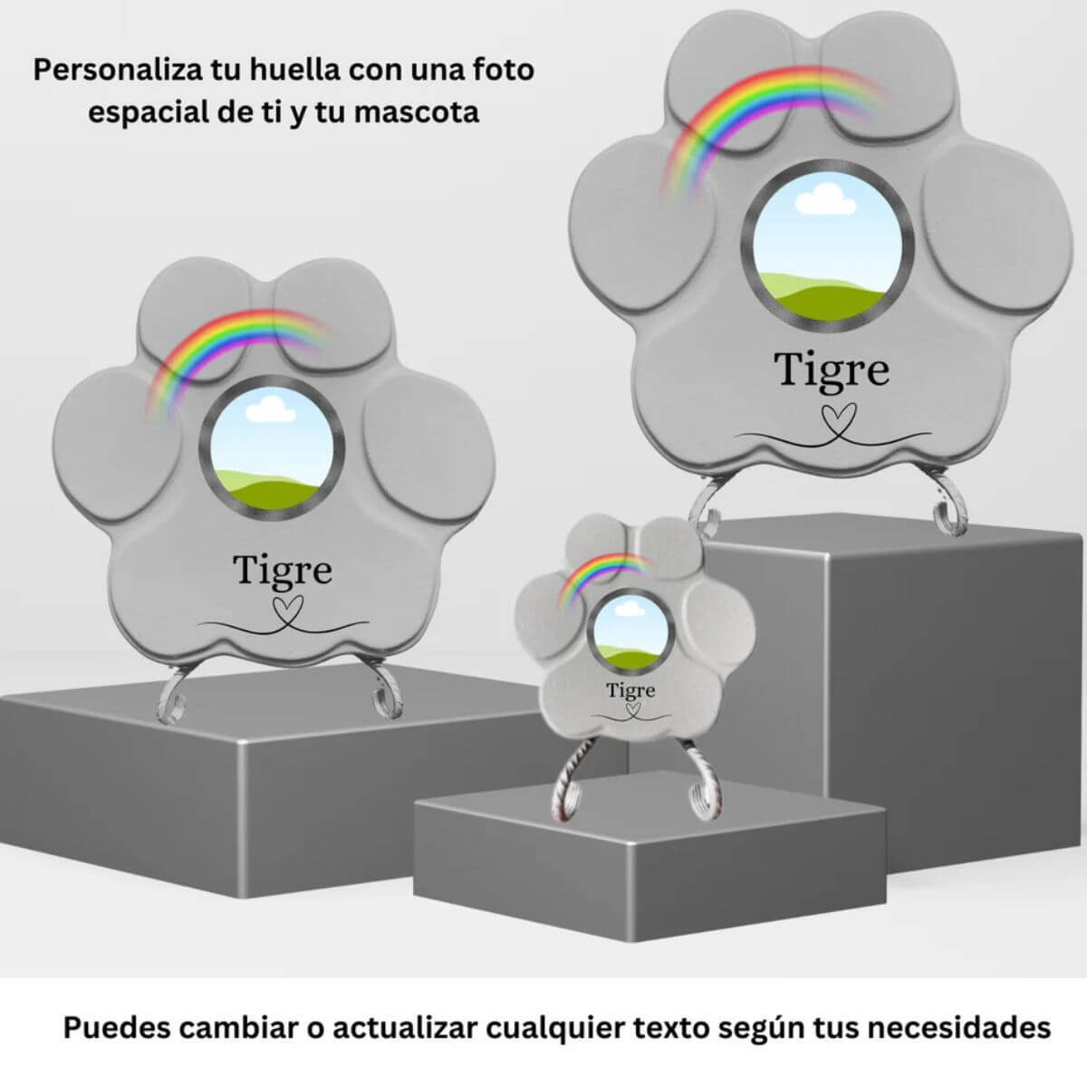 Ejemplo de huellas conmemorativas personalizadas en tamaños pequeño, mediano y grande, mostrando la ubicación del nombre y la foto de la mascota en la lápida.