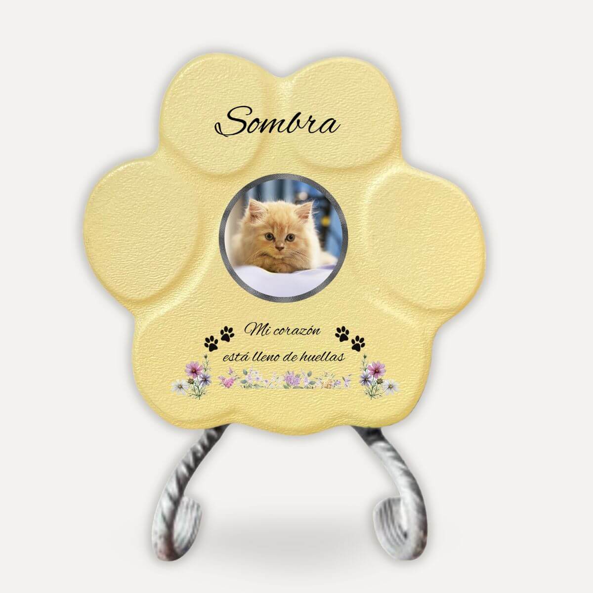 Lápida memorial para gato con soporte, foto personalizada y diseño floral en acabado amarilla tipo piedra