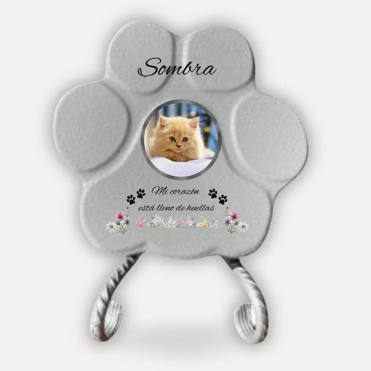 Lápida memorial para gato con soporte, foto personalizada y diseño floral en acabado gris tipo piedra