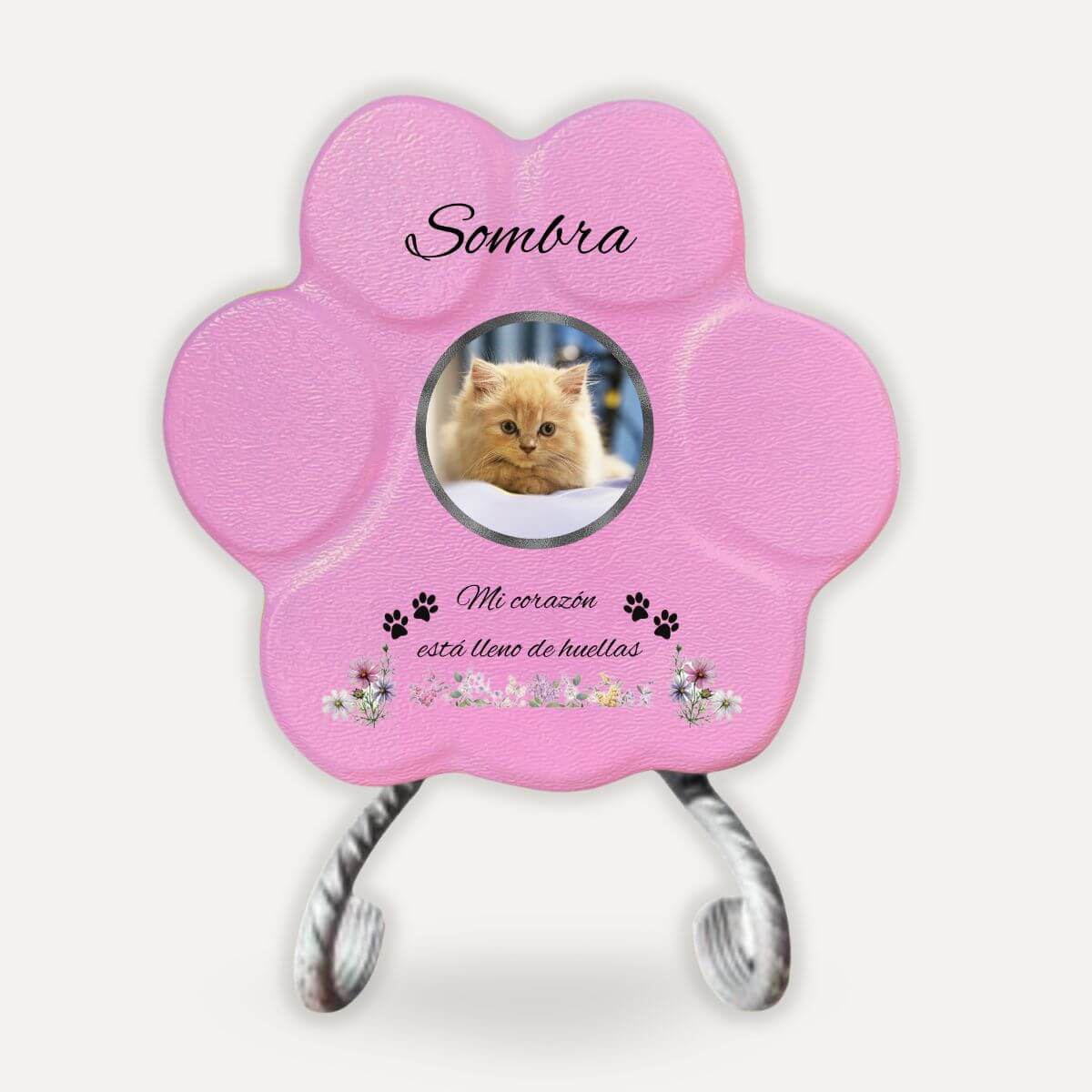 Lápida memorial para gato con soporte, foto personalizada y diseño floral en acabado rosa tipo piedra