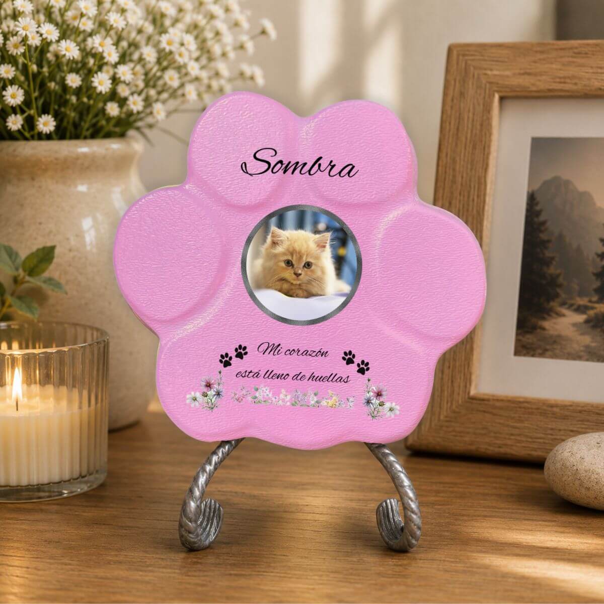 Placa conmemorativa para gato con foto y flores decorativas para hogar en color rosa