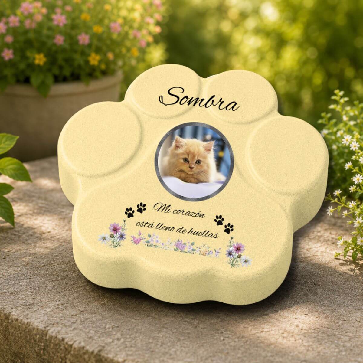 Lápida para jardín de gato personalizada con foto, nombre y flores sobre huella amarilla de hormigón