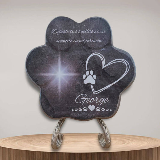 lápida para mascotas con huella de piedra personalizada con nombre, texto y estrella brillante – recuerdo único para perros o gatos fallecidos