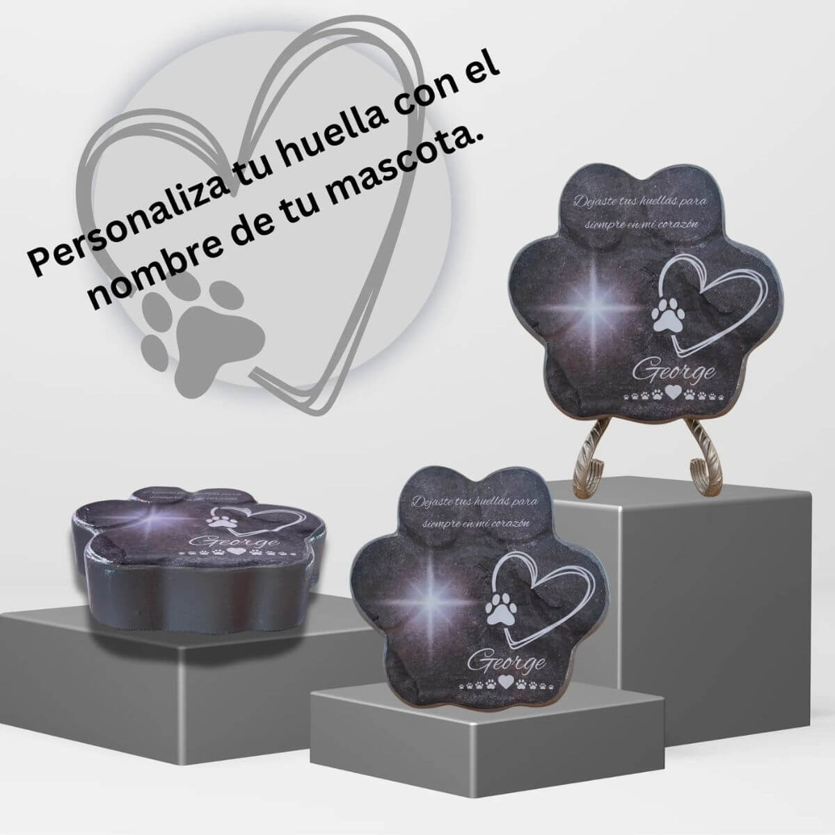 Lápida para mascotas vista desde tres ángulos – con soporte, sin soporte y acostada mostrando el grosor de la huella de piedra