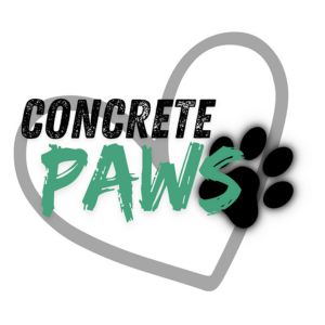 Logotipo de Concrete Paws con huella negra y corazón gris. Representa recuerdos conmemorativos personalizados para mascotas hechos a mano con amor.

