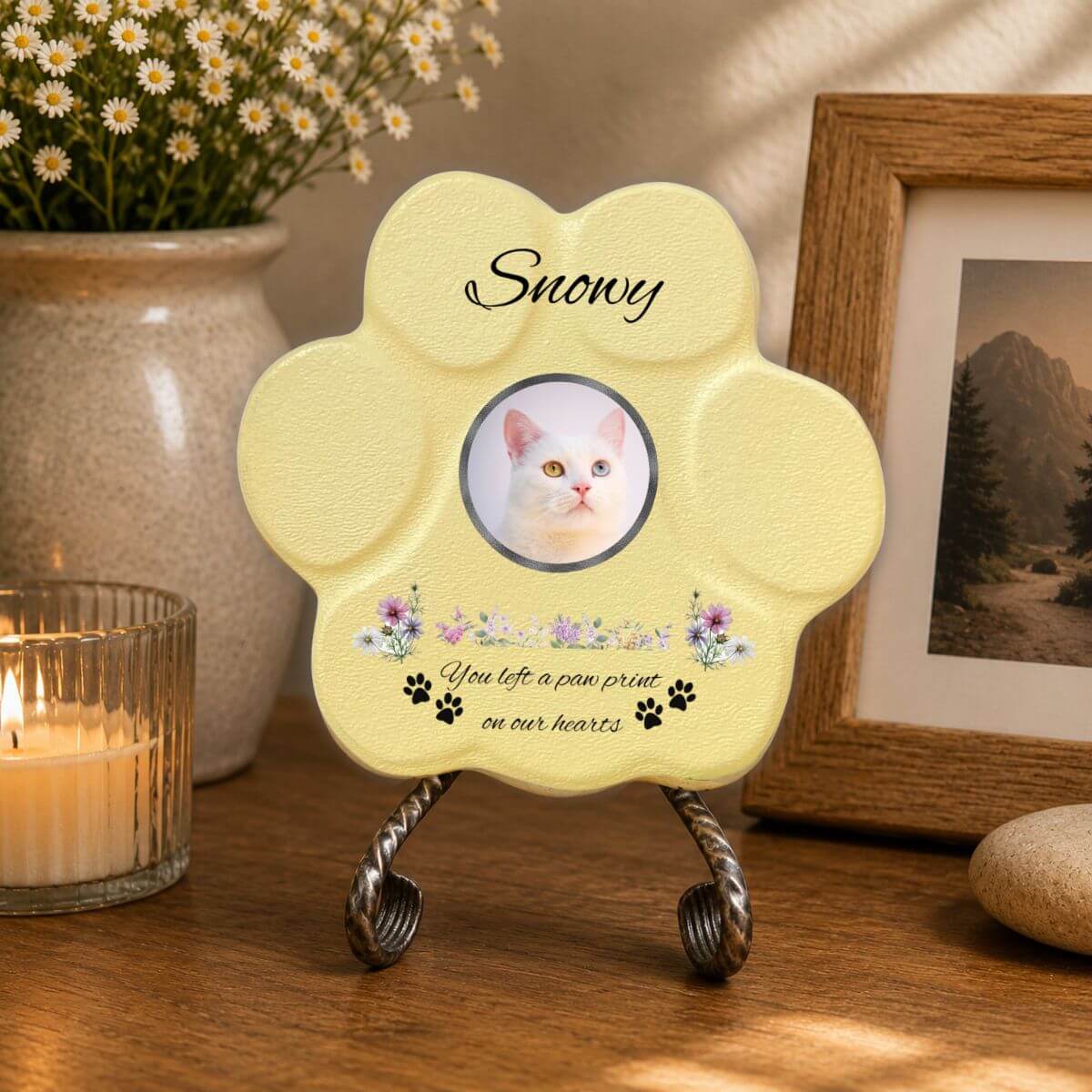 Placa conmemorativa para hogar de gato con foto personalizada y mensaje de recuerdo en color amarilla