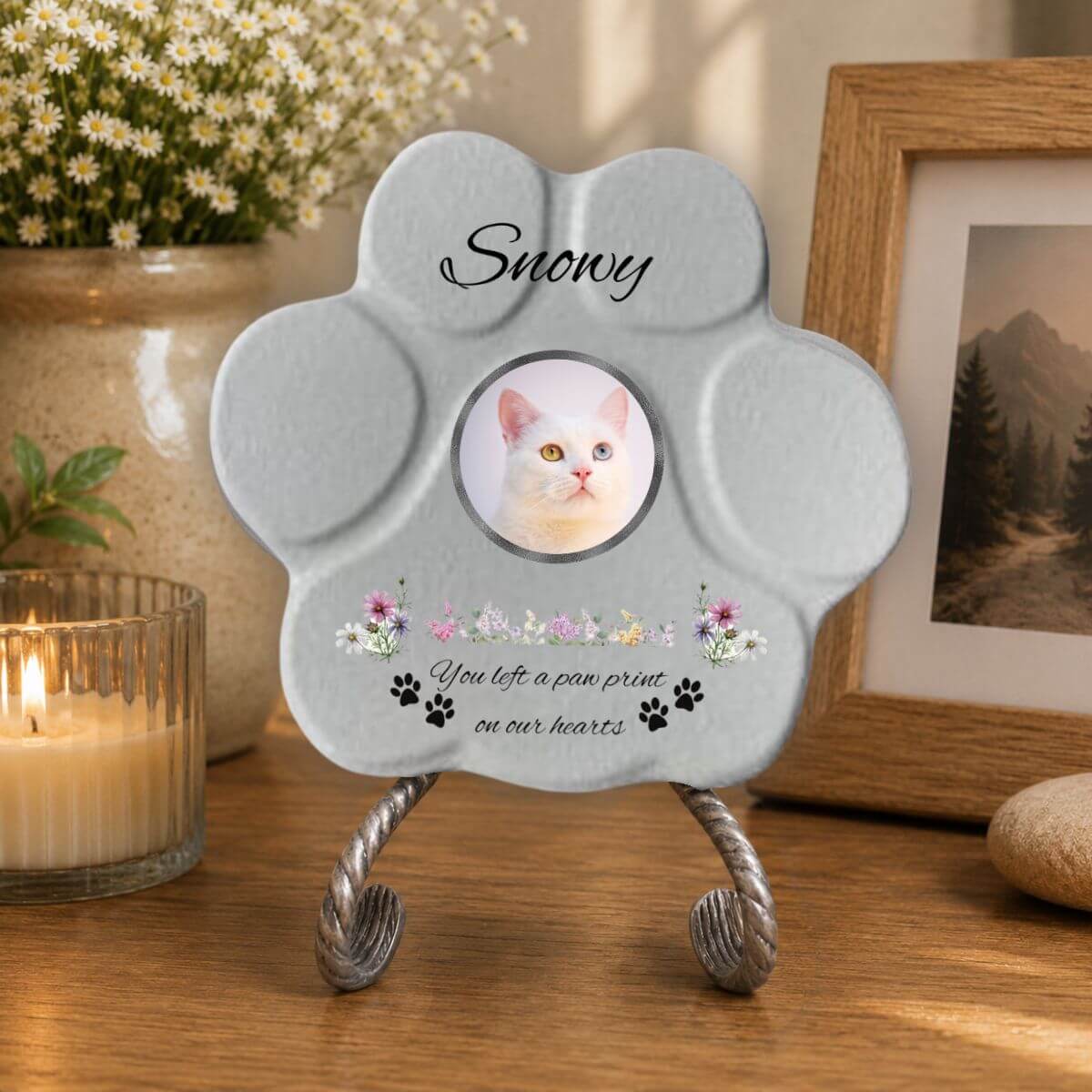 Placa conmemorativa para hogar de gato con foto personalizada y mensaje de recuerdo en color gris