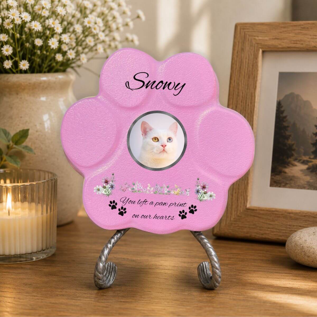 Placa conmemorativa para hogar de gato con foto personalizada y mensaje de recuerdo en color rosa