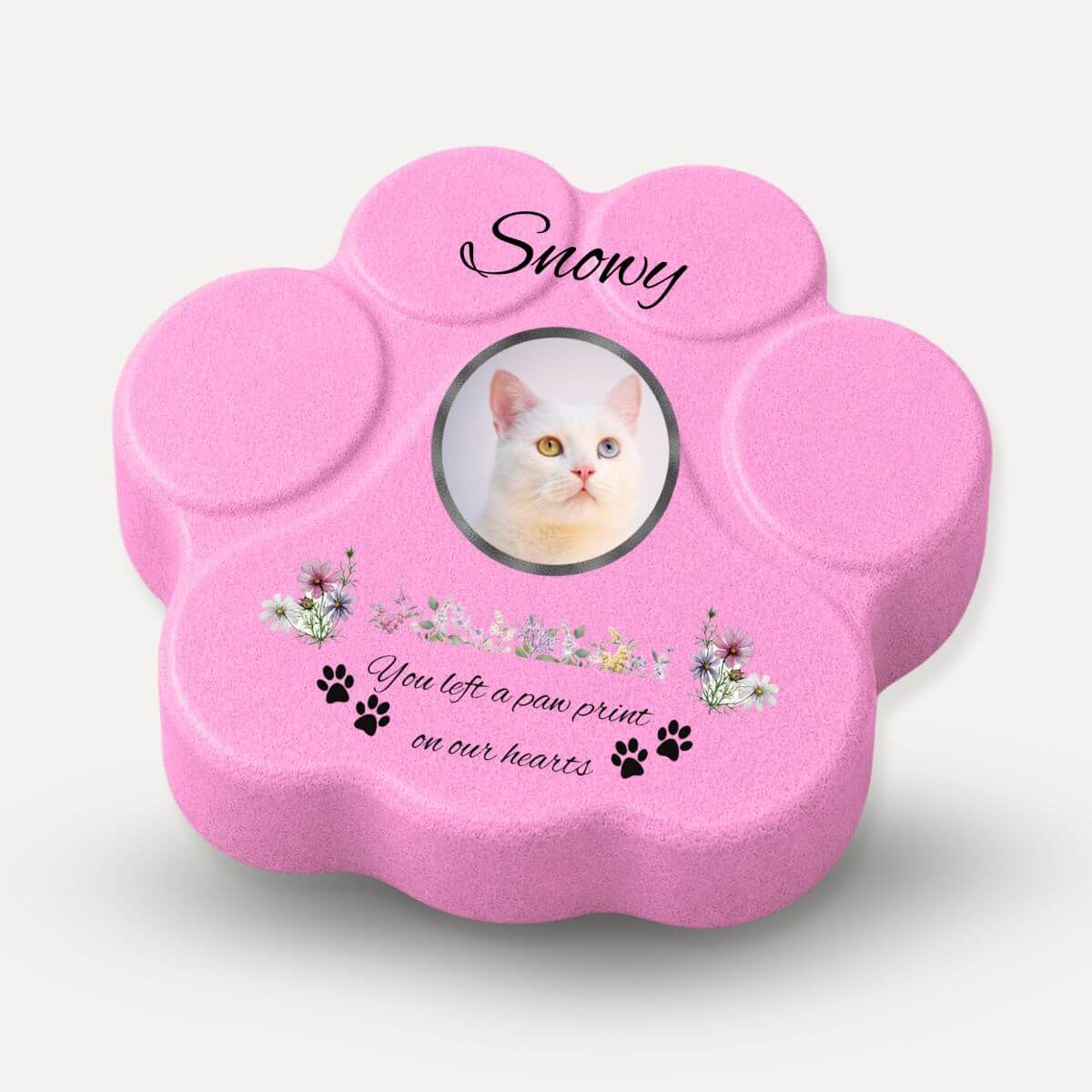 Lápida memorial para gato con foto personalizada, frase conmemorativa y huellas decorativas en acabado rosa tipo piedra