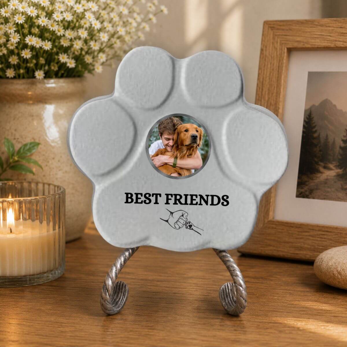 Placa personalizada Best Friends con foto en hormigón para perros y gatos, decoración para el hogar en color gris.