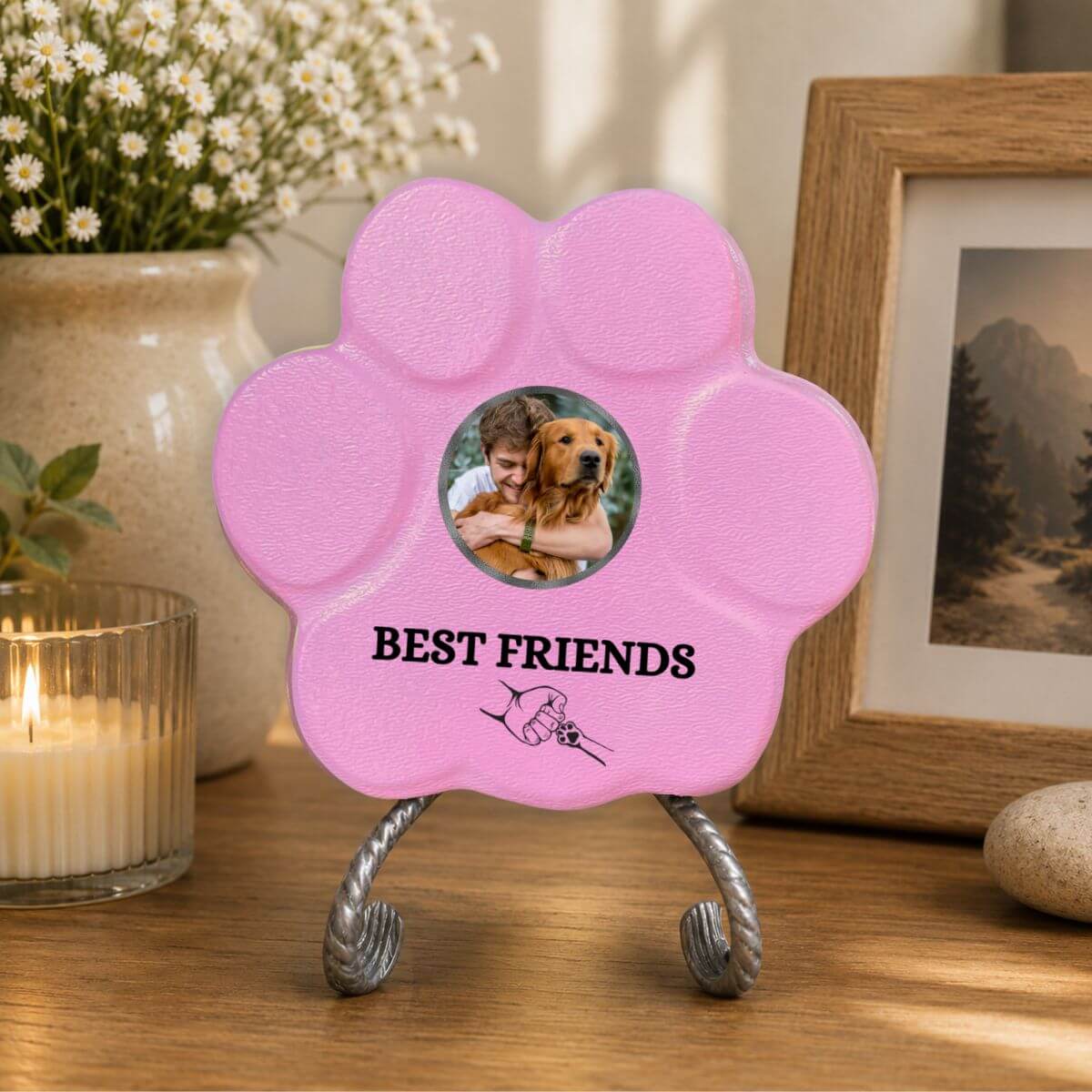 Placa personalizada Best Friends con foto en hormigón para perros y gatos, decoración para el hogar en color rosa.