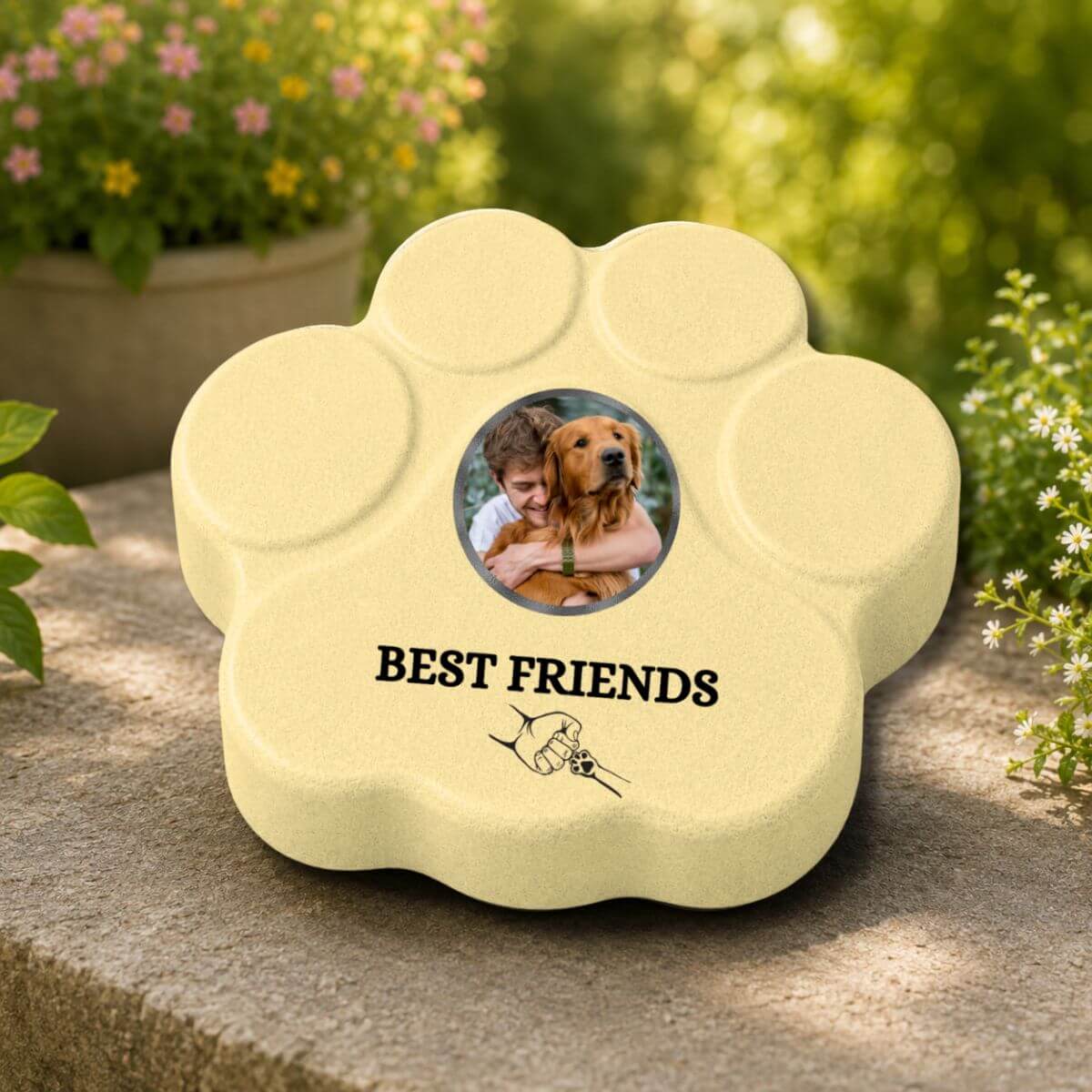 Placa de hormigón personalizada Best Friends con foto para perro o gato, decoración para jardín en color amarilla.
