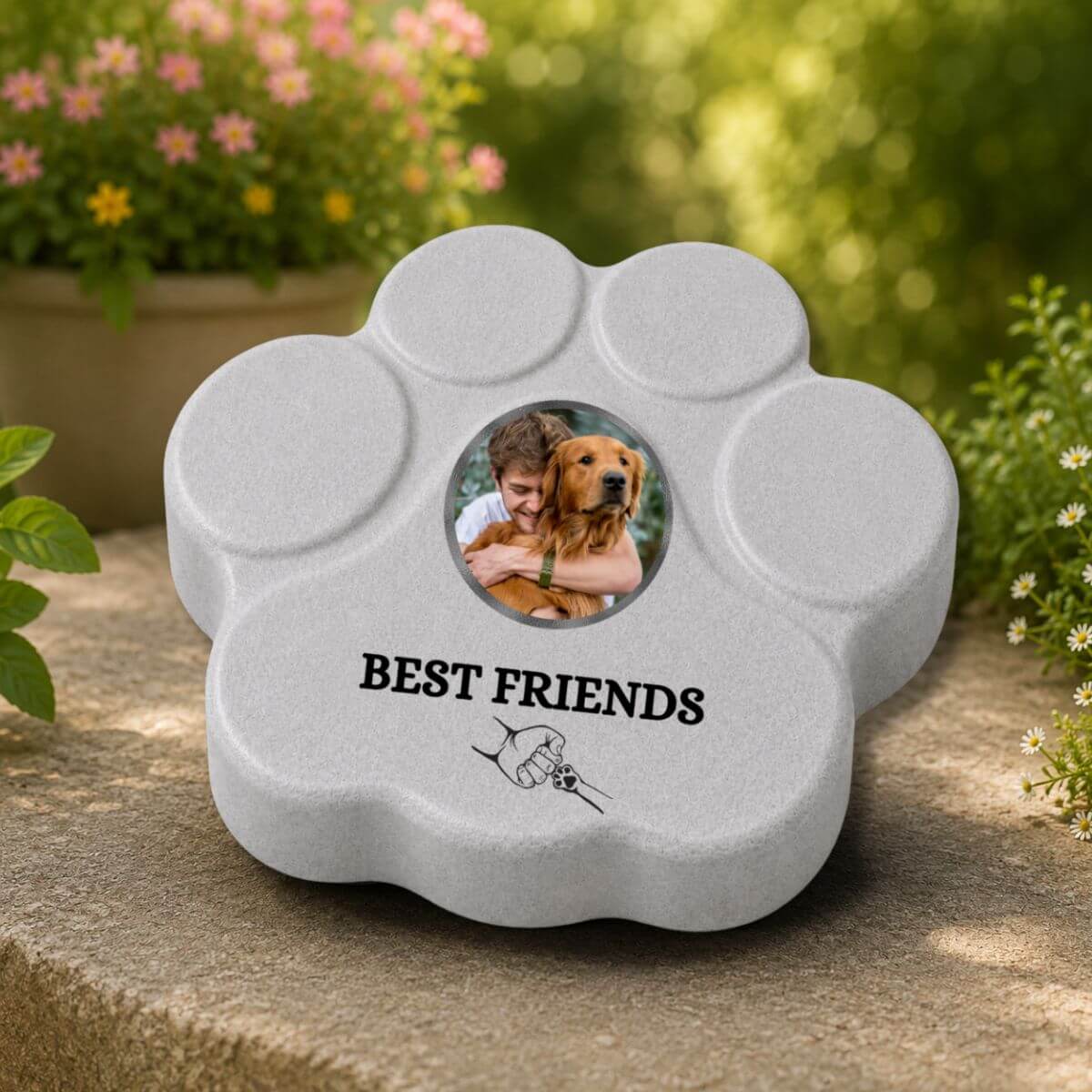 Placa de hormigón personalizada Best Friends con foto para perro o gato, decoración para jardín en color gris.