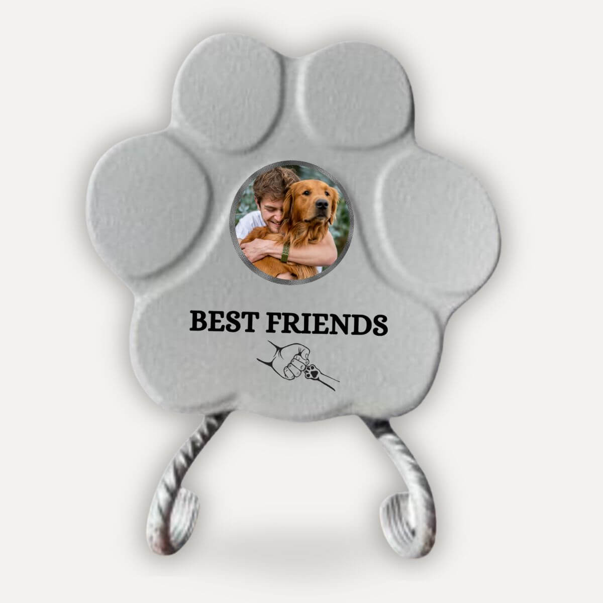 Placa personalizada Best Friends de hormigón con foto sobre soporte decorativo, regalo personalizado para perros y gatos en color gris.