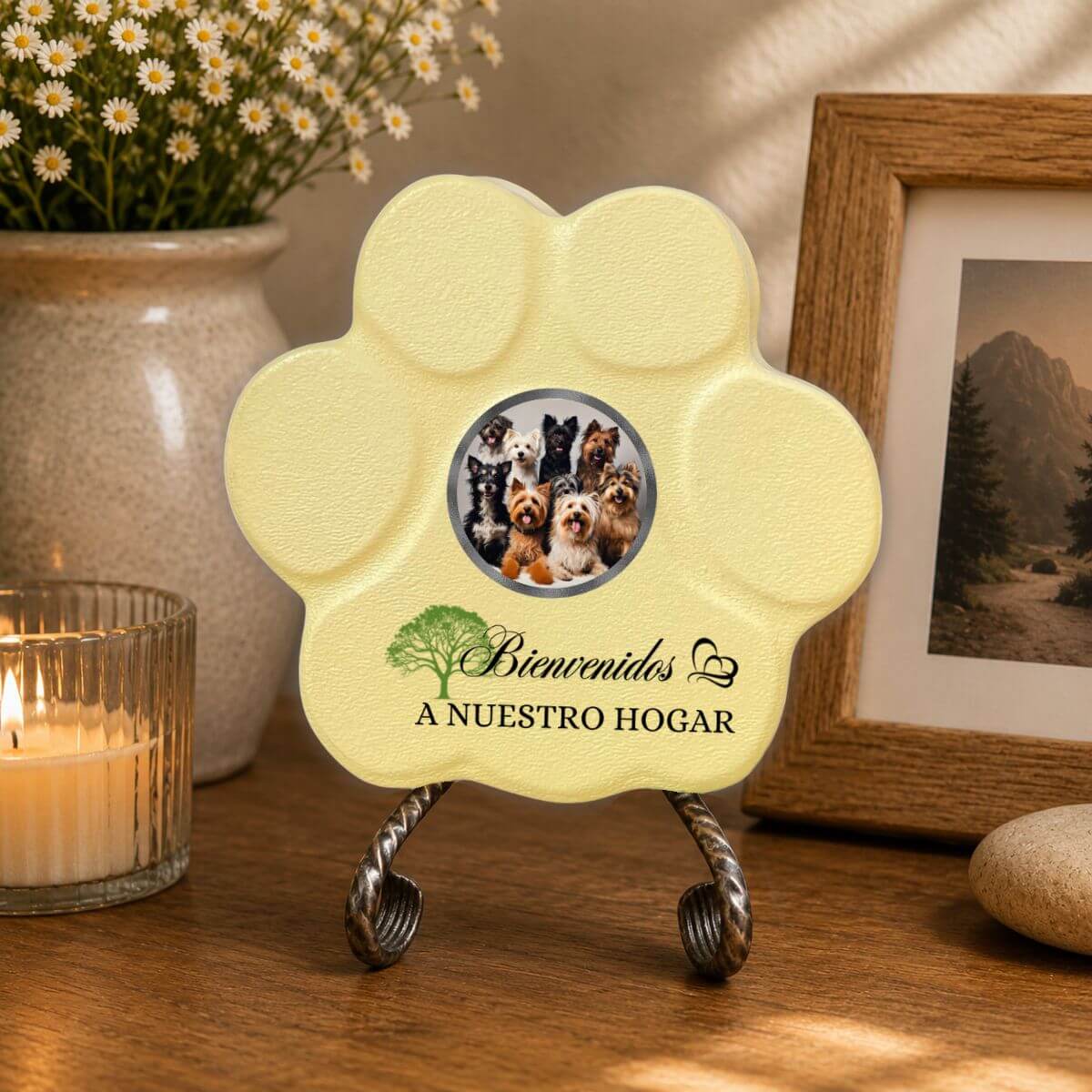 Placa personalizada "Bienvenidos a Nuestro Hogar" decorando el interior de un hogar con soporte color amarilla.
