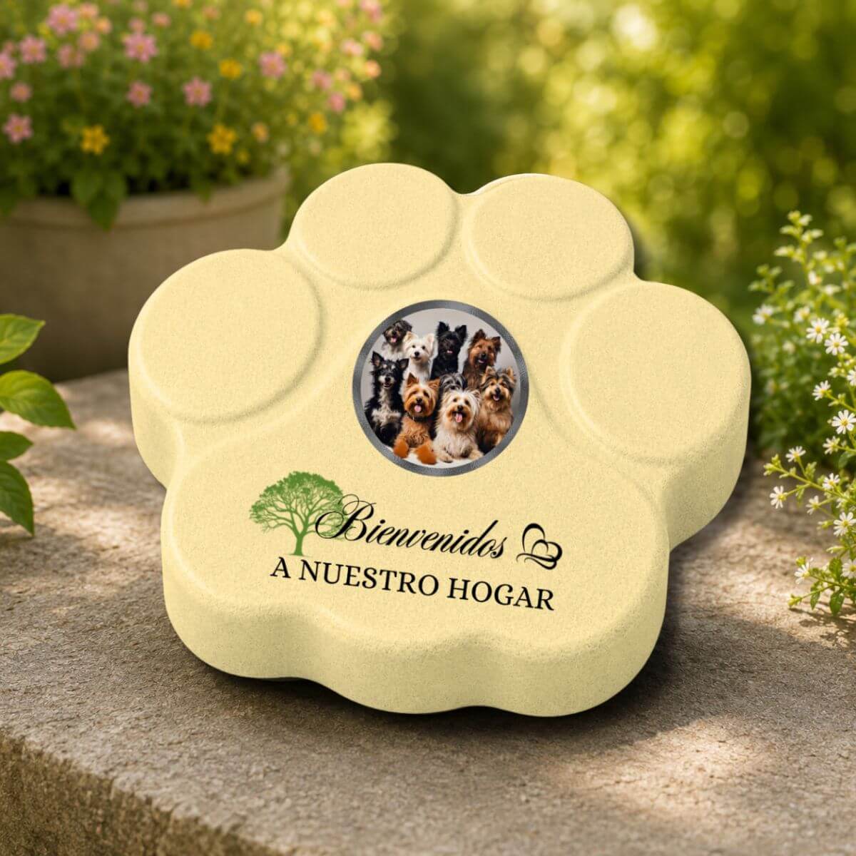 Placa personalizada "Bienvenidos a Nuestro Hogar" para perros y gatos colocada en un jardín color amarilla.