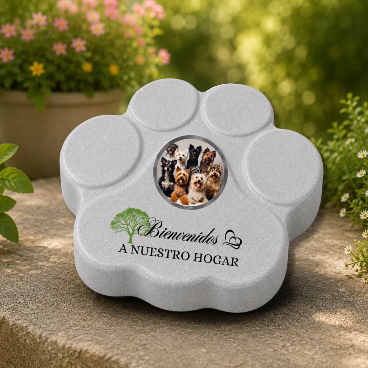 Placa personalizada "Bienvenidos a Nuestro Hogar" para perros y gatos colocada en un jardín color gris.