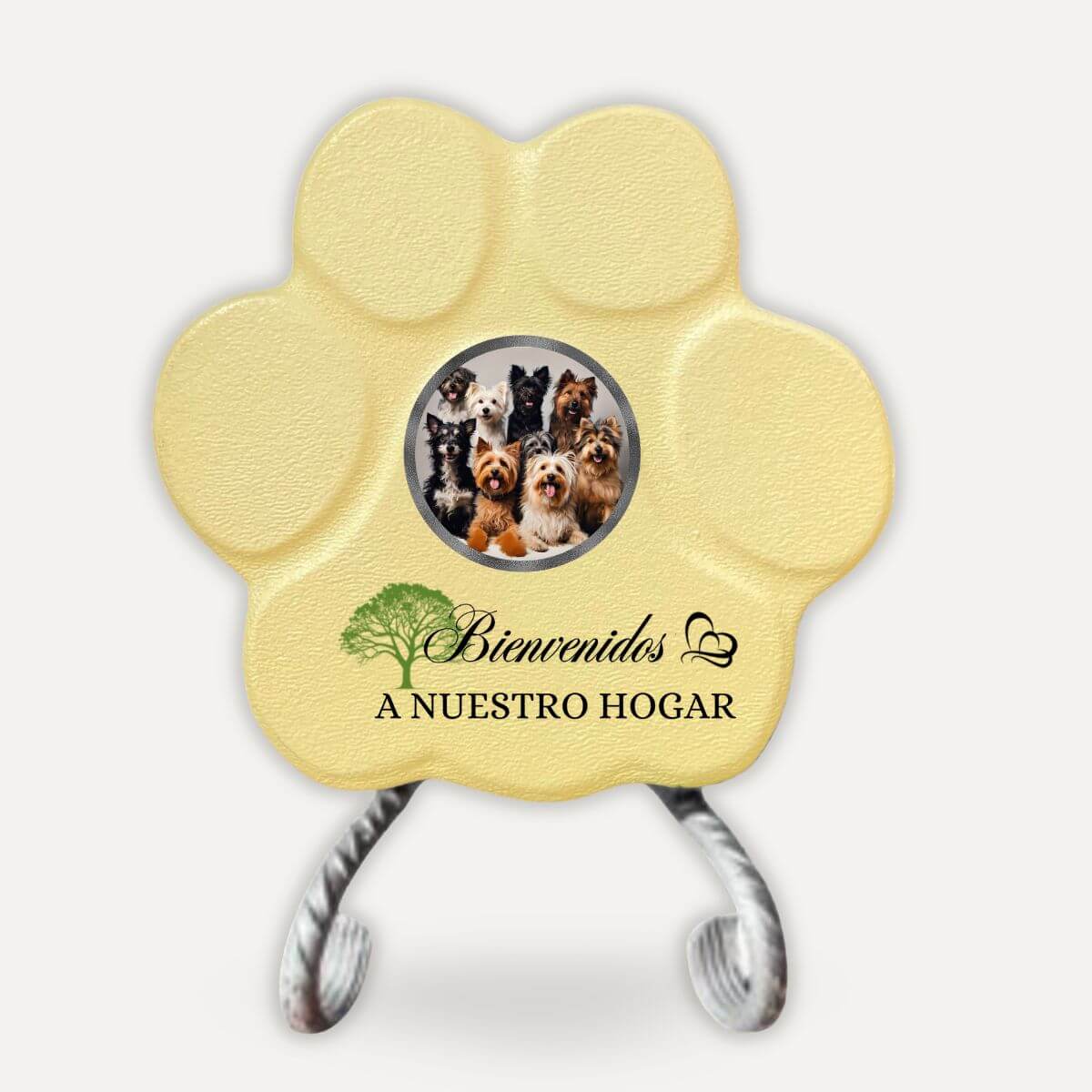 Placa personalizada "Bienvenidos a Nuestro Hogar" con soporte para perros y gatos color amarilla.