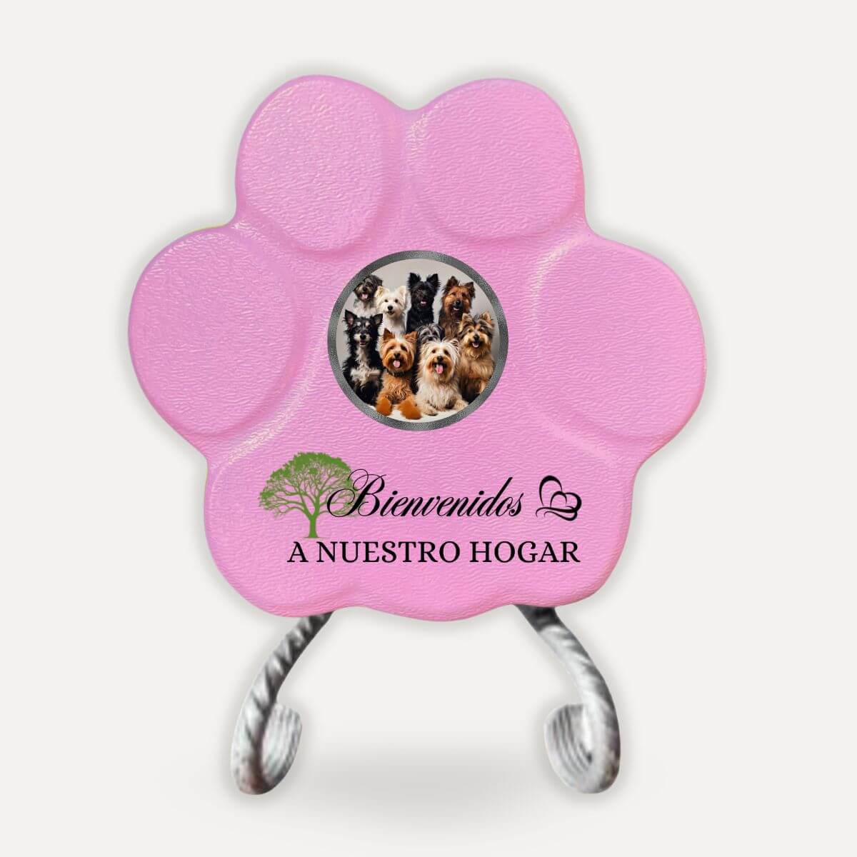 Placa personalizada "Bienvenidos a Nuestro Hogar" con soporte para perros y gatos color rosa.