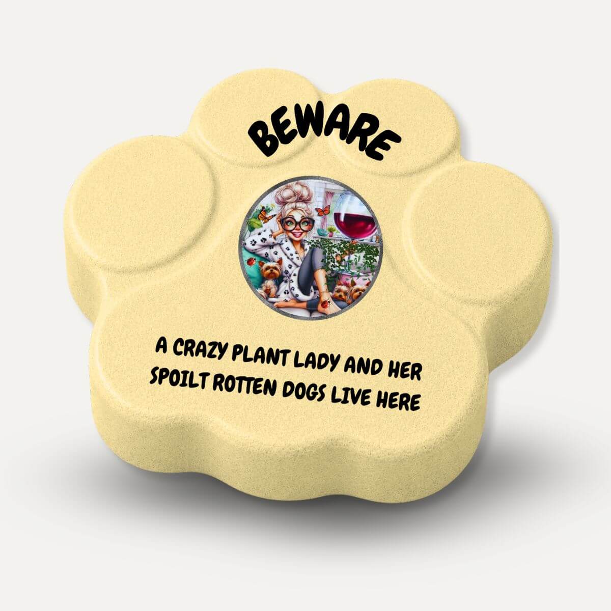 Regalo divertido para amantes de las plantas y los perros, placa decorativa de hormigón artesanal "Beware" en color amarilla