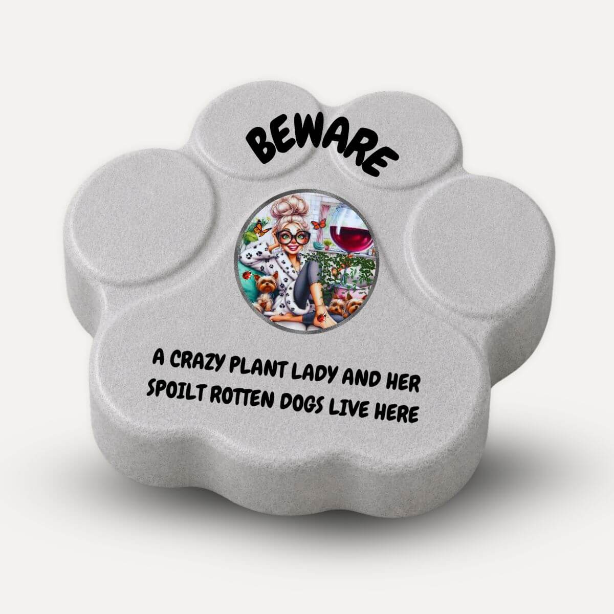 Regalo divertido para amantes de las plantas y los perros, placa decorativa de hormigón artesanal "Beware" en color gris