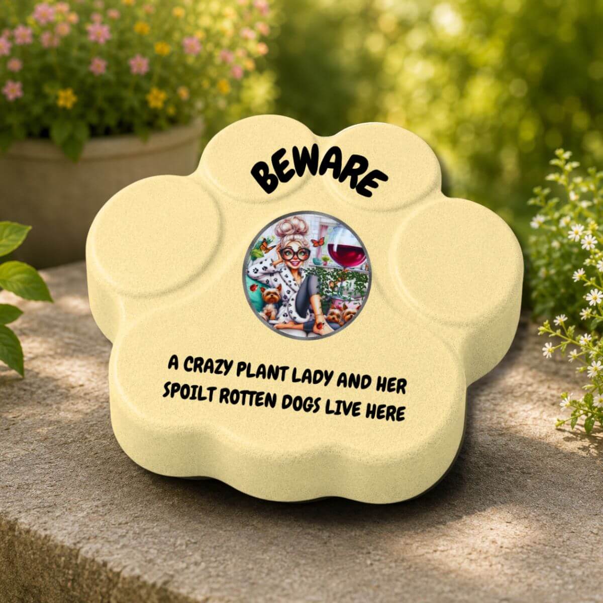Placa decorativa "Beware" para amantes de las plantas y los perros en jardín, color amarilla