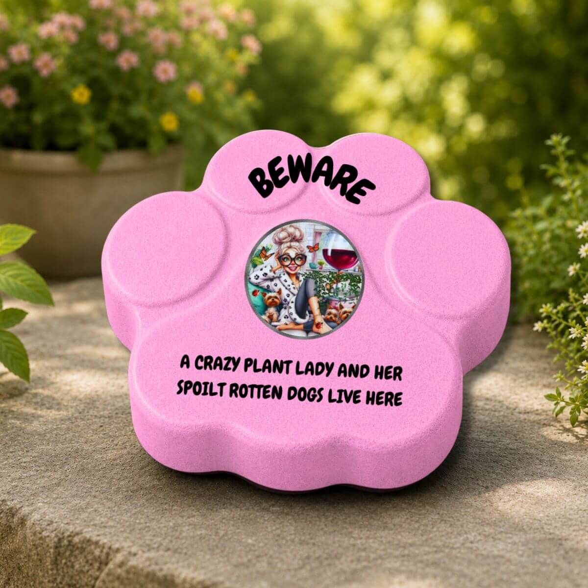 Placa decorativa "Beware" para amantes de las plantas y los perros en jardín, color rosa