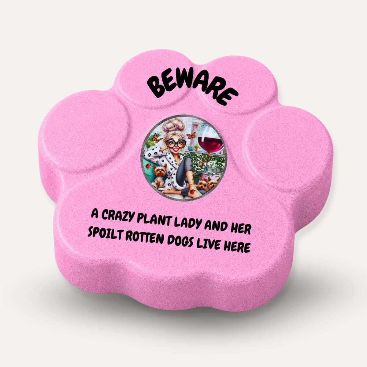Regalo divertido para amantes de las plantas y los perros, placa decorativa de hormigón artesanal "Beware" en color rosa