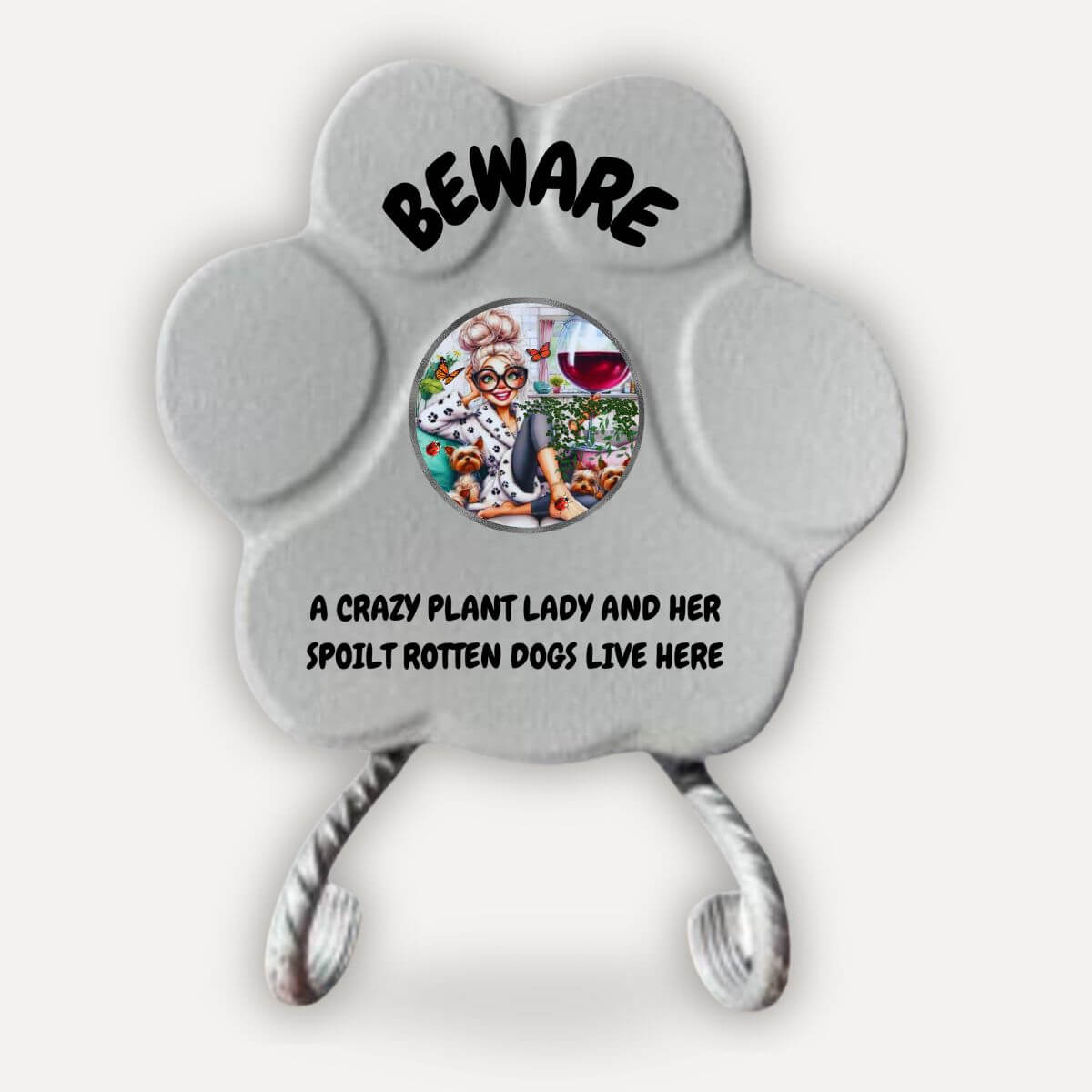 Regalo divertido para amantes de las plantas y los perros, placa decorativa "Beware" con soporte en color gris