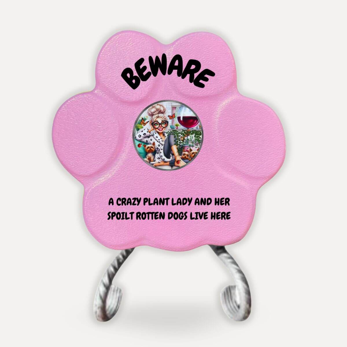 Regalo divertido para amantes de las plantas y los perros, placa decorativa "Beware" con soporte en color rosa