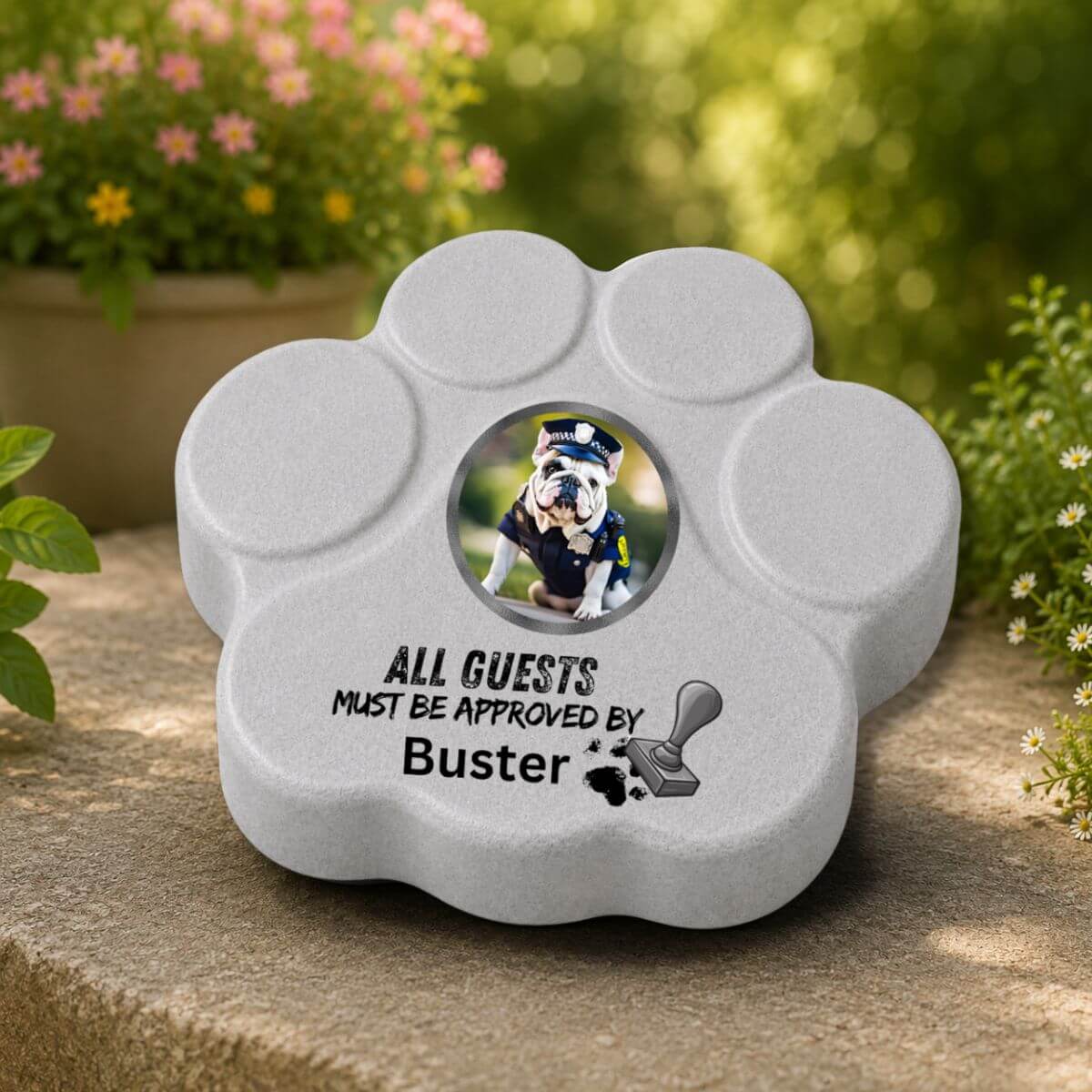 Placa personalizada de hormigón en color gris con la frase en inglés "All Guests Must Be Approved By..." como decoración para la entrada, el jardín o la terraza.